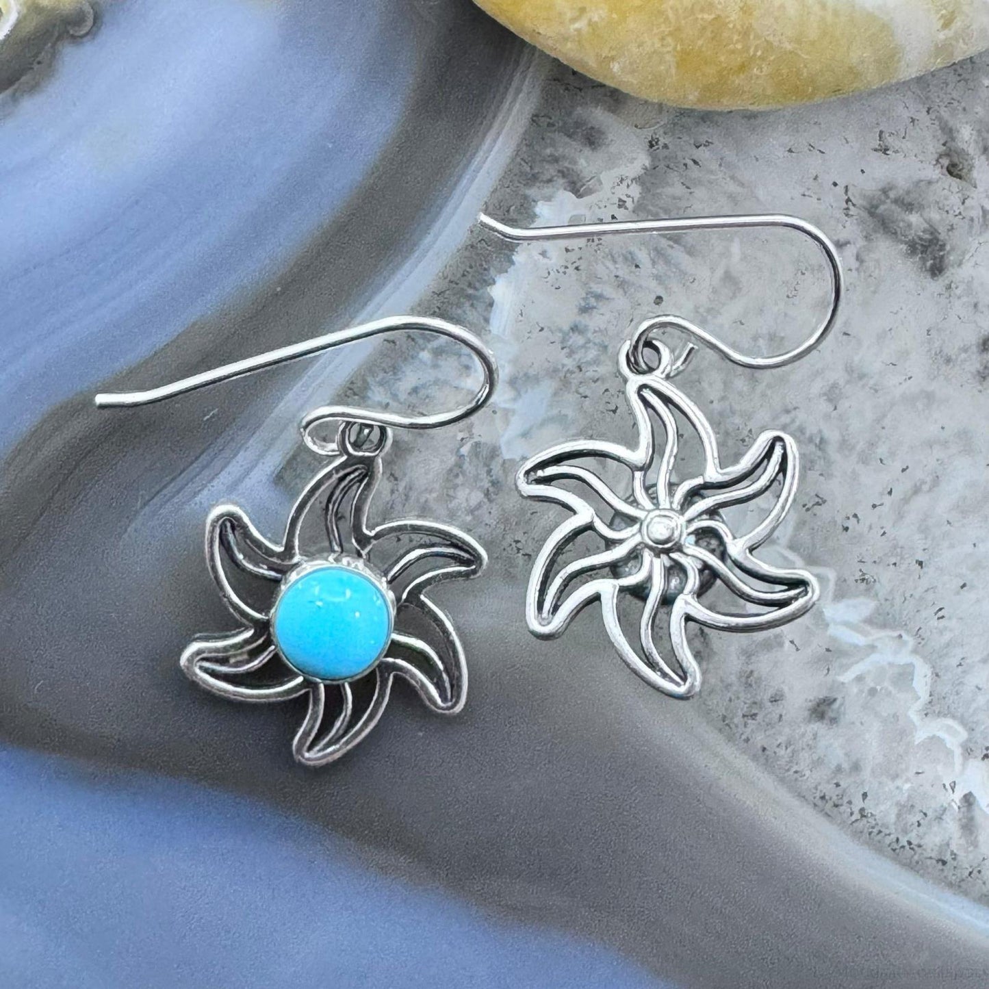 Sterling Silver Blue Turquoise Flower Dangle Earrings For Women