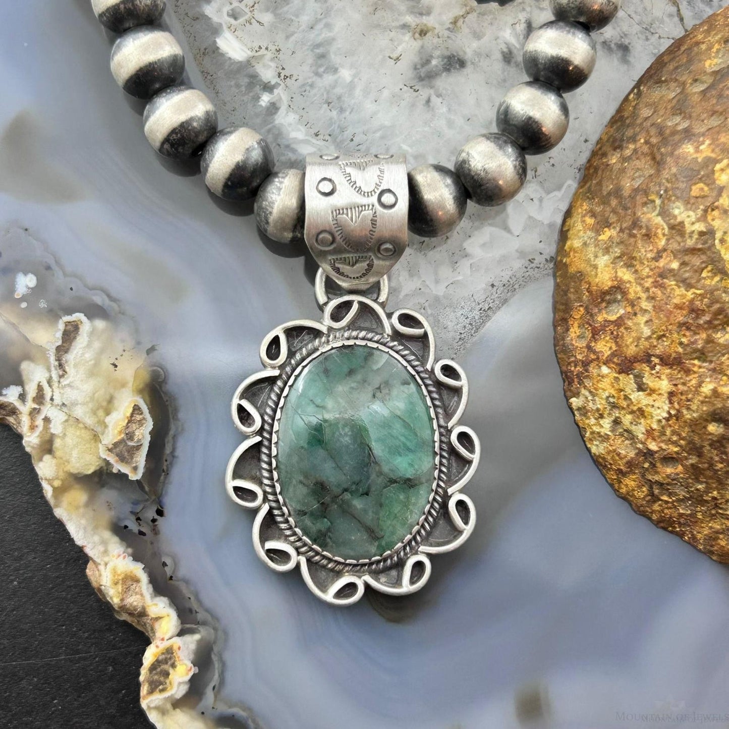 Sterling Silver Southwestern Style Oval Emerald Decorated Pendant For Women #1