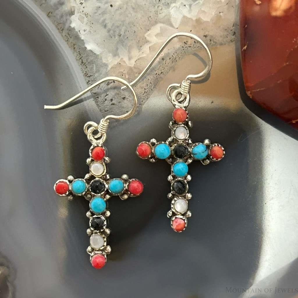 Sterling Silver Southwestern Style Multi-Stone Cross Dangle Earrings For Women