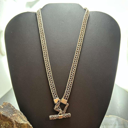 Vintage Silver Woven Chain Decorated Toggle Clasp 17" Necklace For Women
