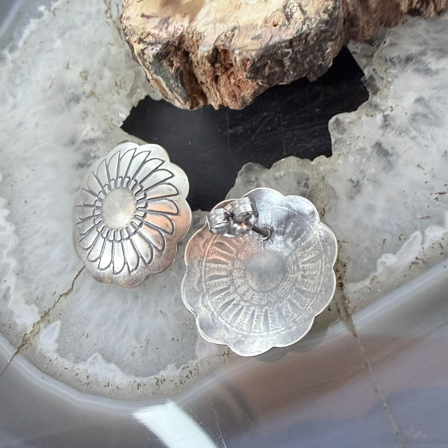 Native American Sterling Silver Floral Stamped Post Earrings For Women