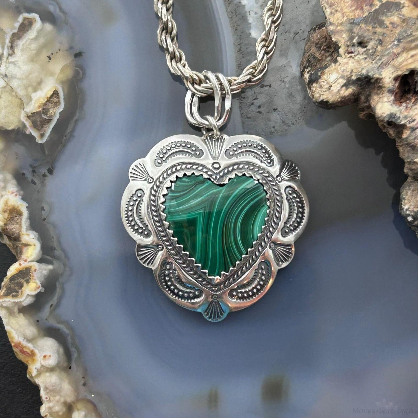 QT Quoc Sterling Silver Southwestern Style Malachite Heart Pendant For Women