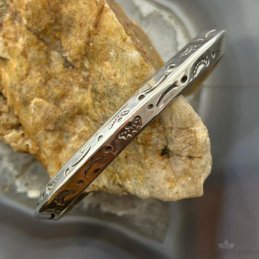 Signed Native American Sterling Silver Stamped Carinated Bracelet For Women