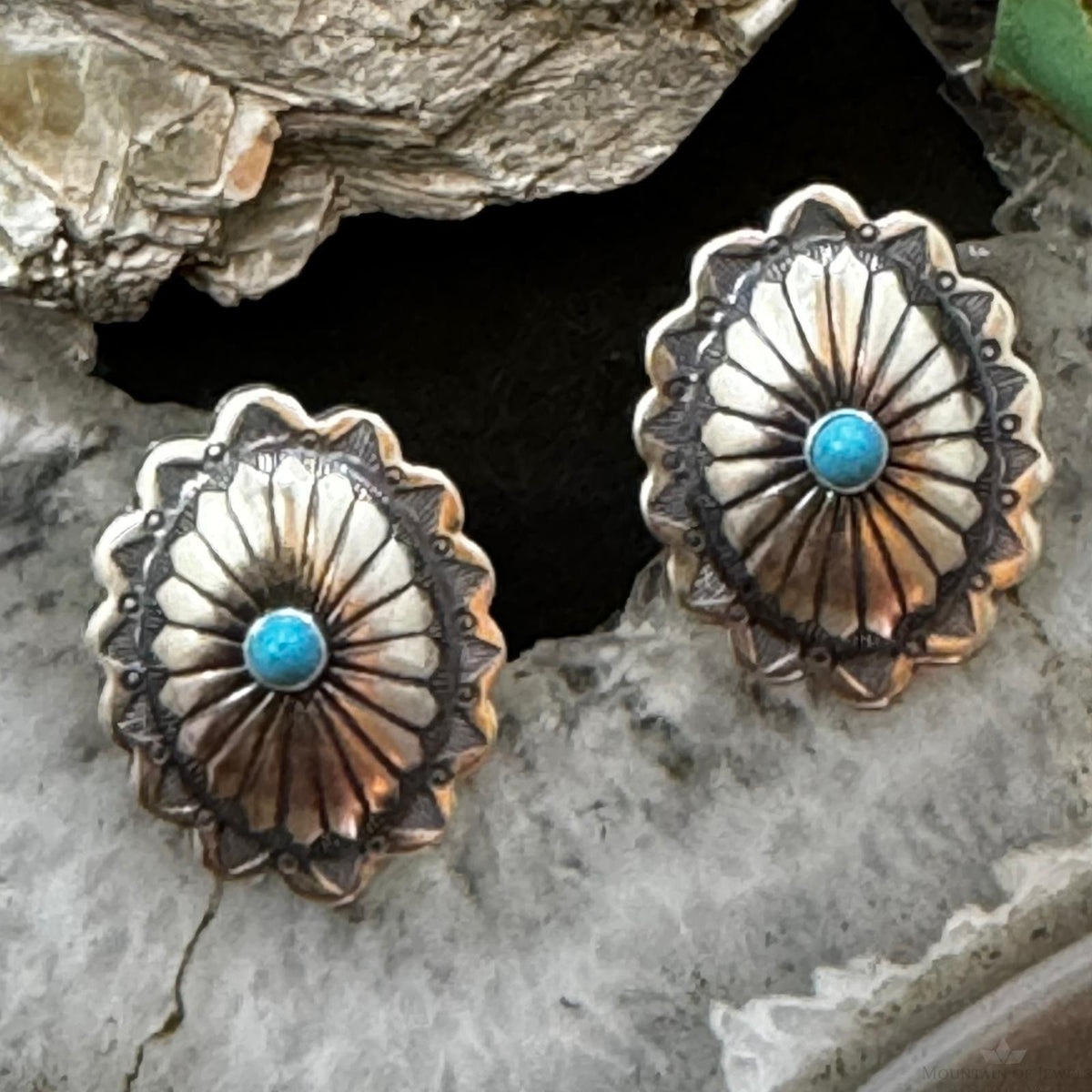 Native American Sterling Silver Turquoise Dot Oval Concho Stud Earrings For Women