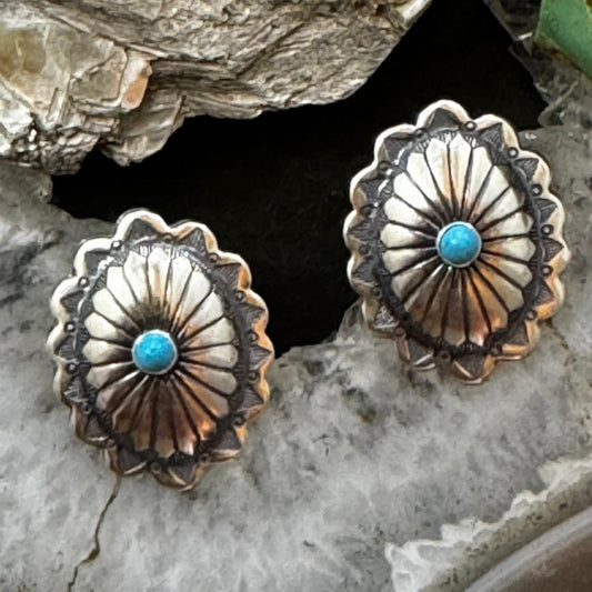 Native American Sterling Silver Turquoise Dot Oval Concho Stud Earrings For Women
