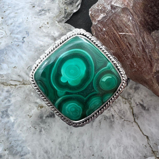 Sterling Silver Southwestern Style Square Malachite Decorated Ring Size 9.5 For Women