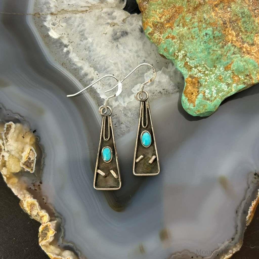 Vintage Silver Native American Turquoise Triangle Dangle Earrings For Women