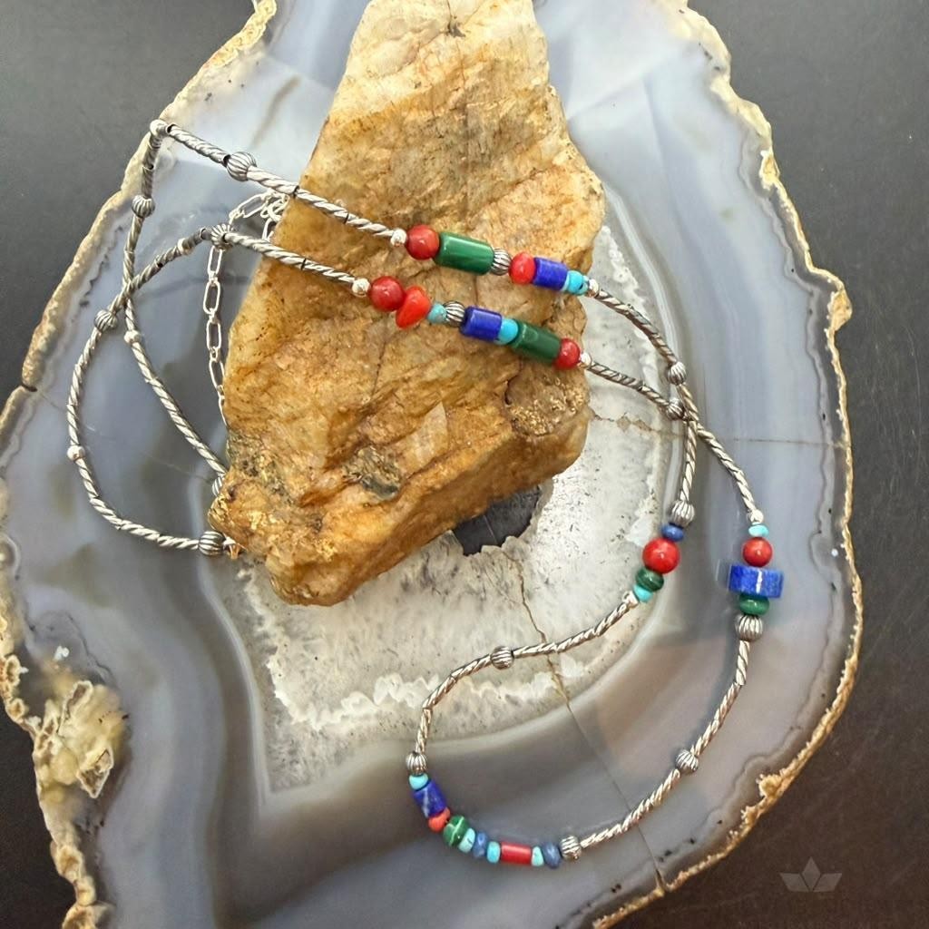 Carolyn Pollack Sterling Silver Multi Stone w/Cylinder Beads Necklace For Women