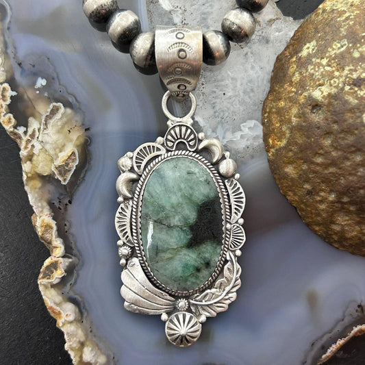 Sterling Silver Southwestern Style Oval Emerald Decorated Pendant For Women #1