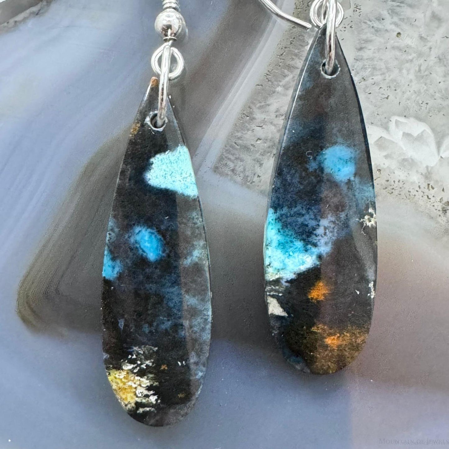 Sterling Silver Elongated Teardrop Chrysocolla Slab Dangle Earrings For Women #226