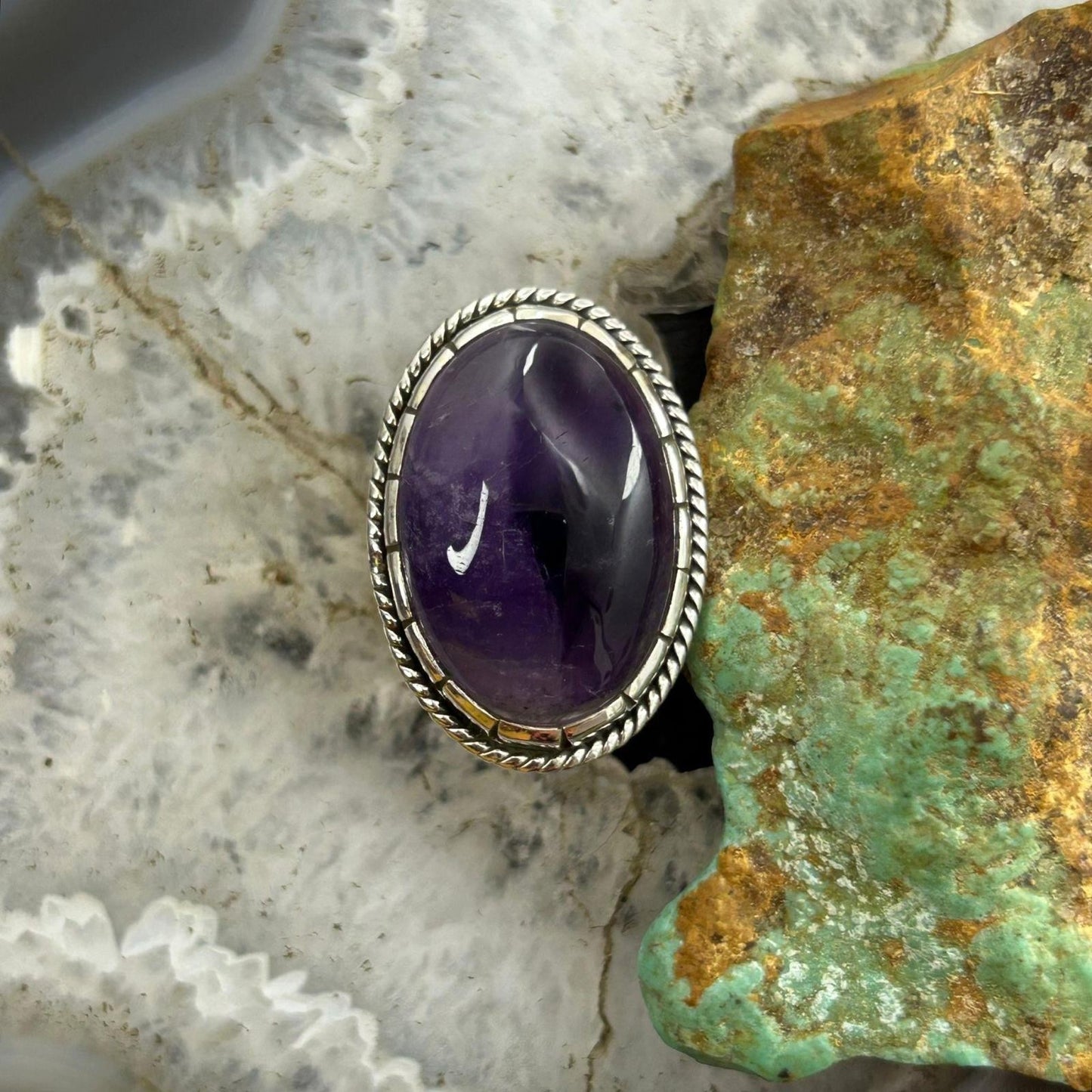 Sterling Silver Southwestern Style Oval Translucent Amethyst Ring Size 7.5 For Women