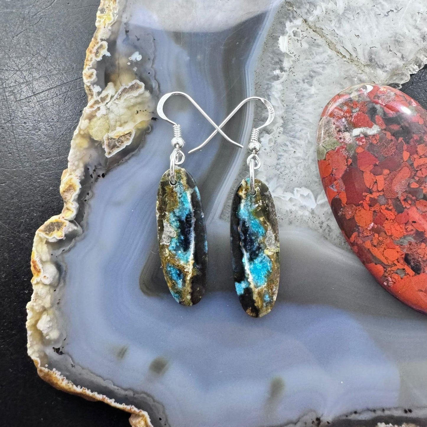 Sterling Silver Oval Chrysocolla Slab Dangle Earrings For Women #216