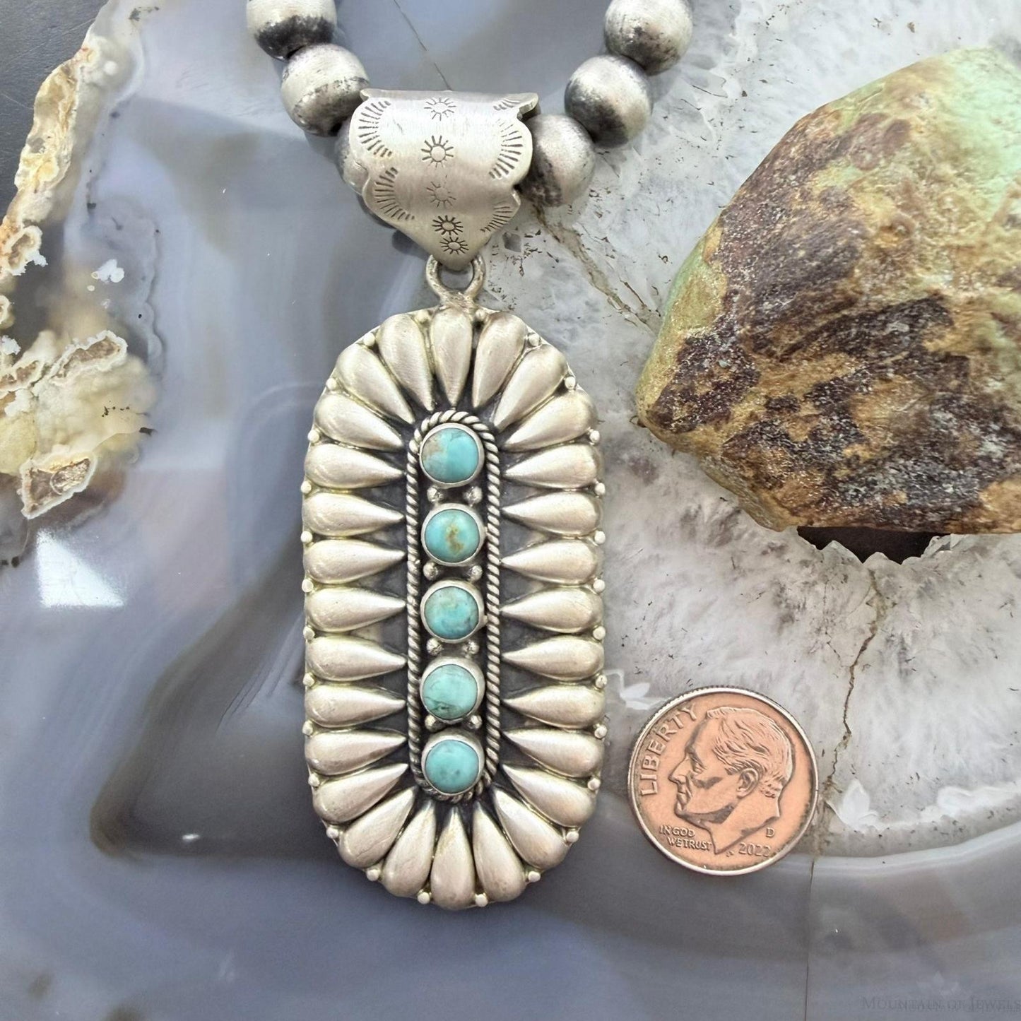 Sterling Silver Southwestern Style Turquoise &Silver Teardrop Cluster Pendant For Women