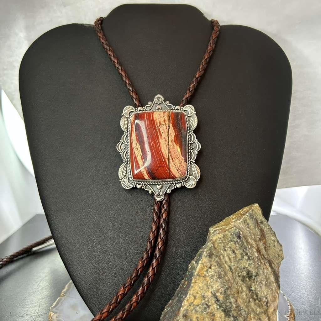 Sterling Silcer Southwestern Style Large Snake Skin Jasper Decorated Bolo Tie For Men