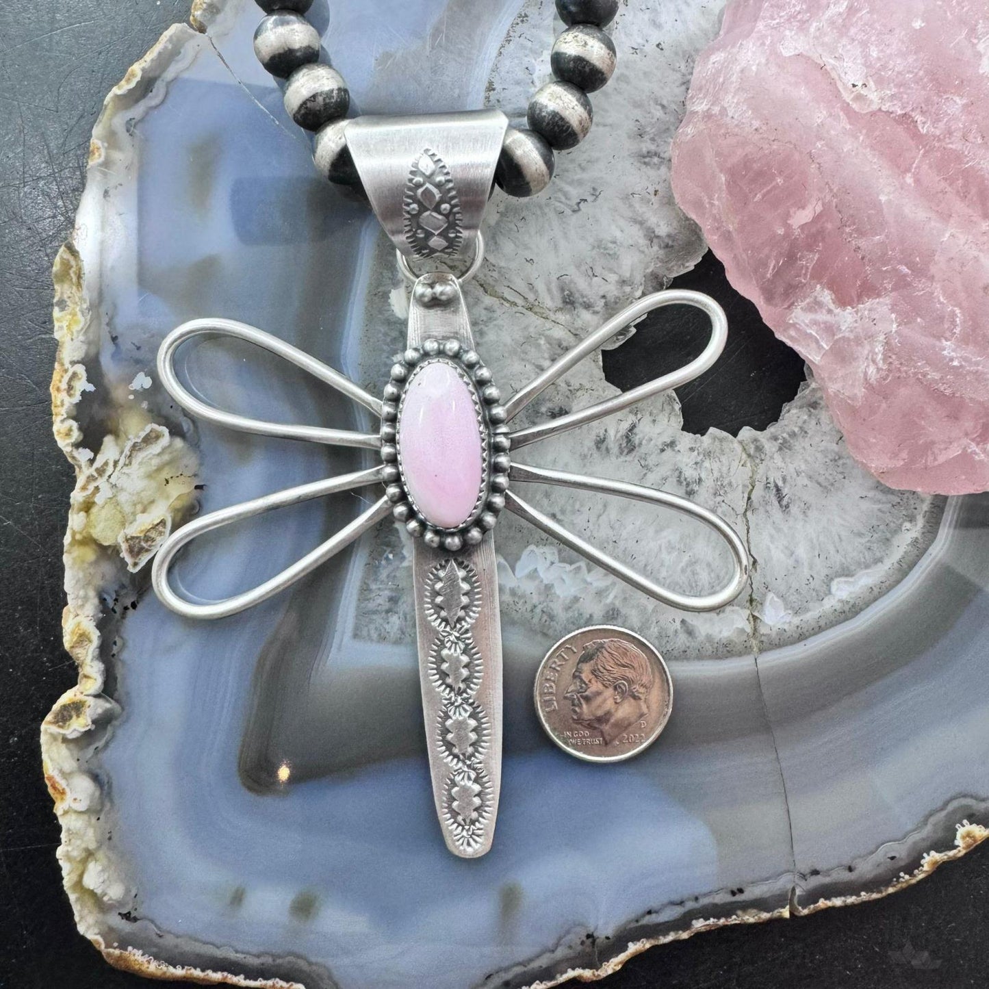 Delbert Secatero Sterling Silver Oval Pink Conch Dragonfly Pendant For Women