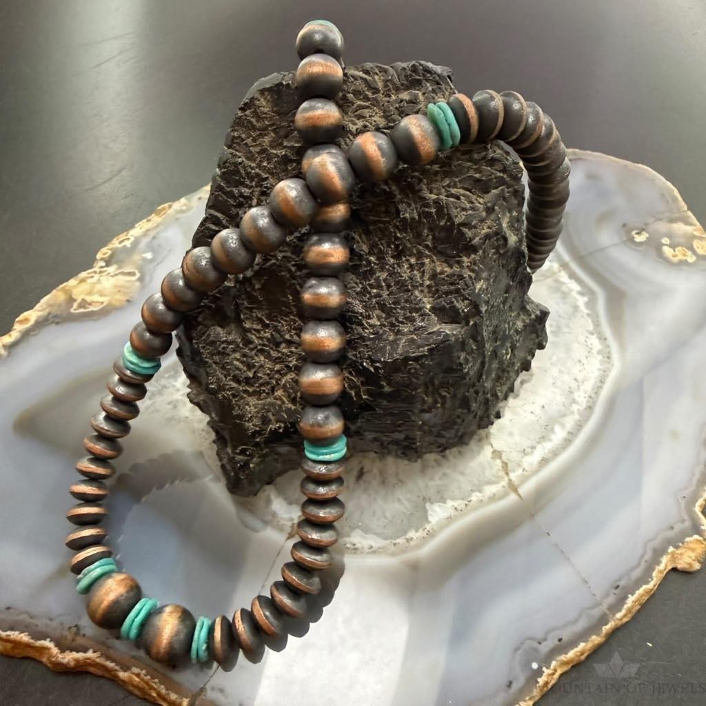 Southwestern Style Copper Navajo Pearl Round,Saucer & Turquoise 18"-20" Necklace For Women
