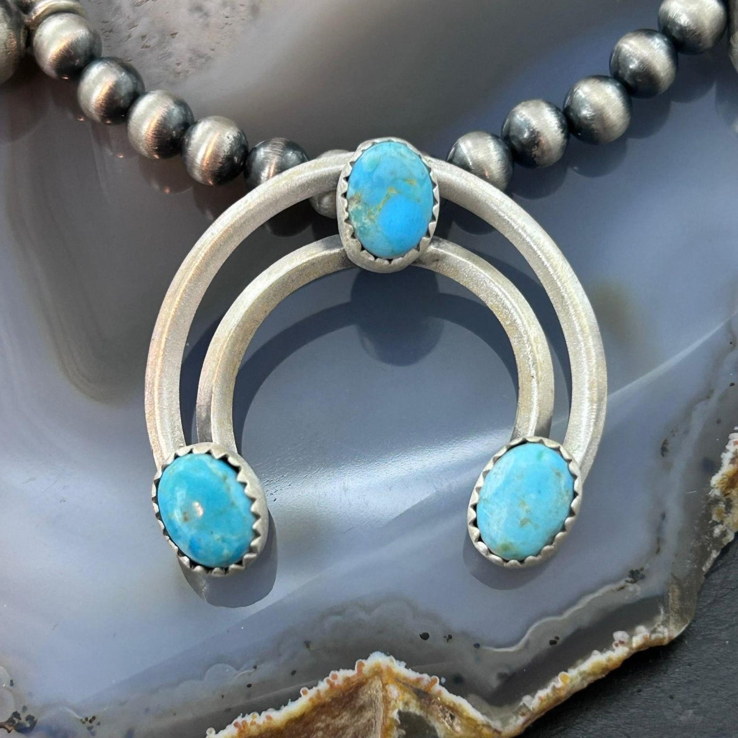Sterling Silver Southwestern Style Naja w/Turquoise Squash Blossom 18"-20" Necklace For Women