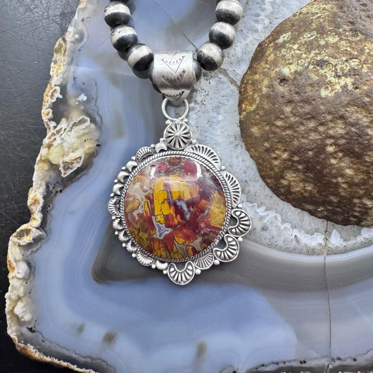 Sterling Silver Southwestern Style Round Red Moss Agate Decorated Pendant For Women