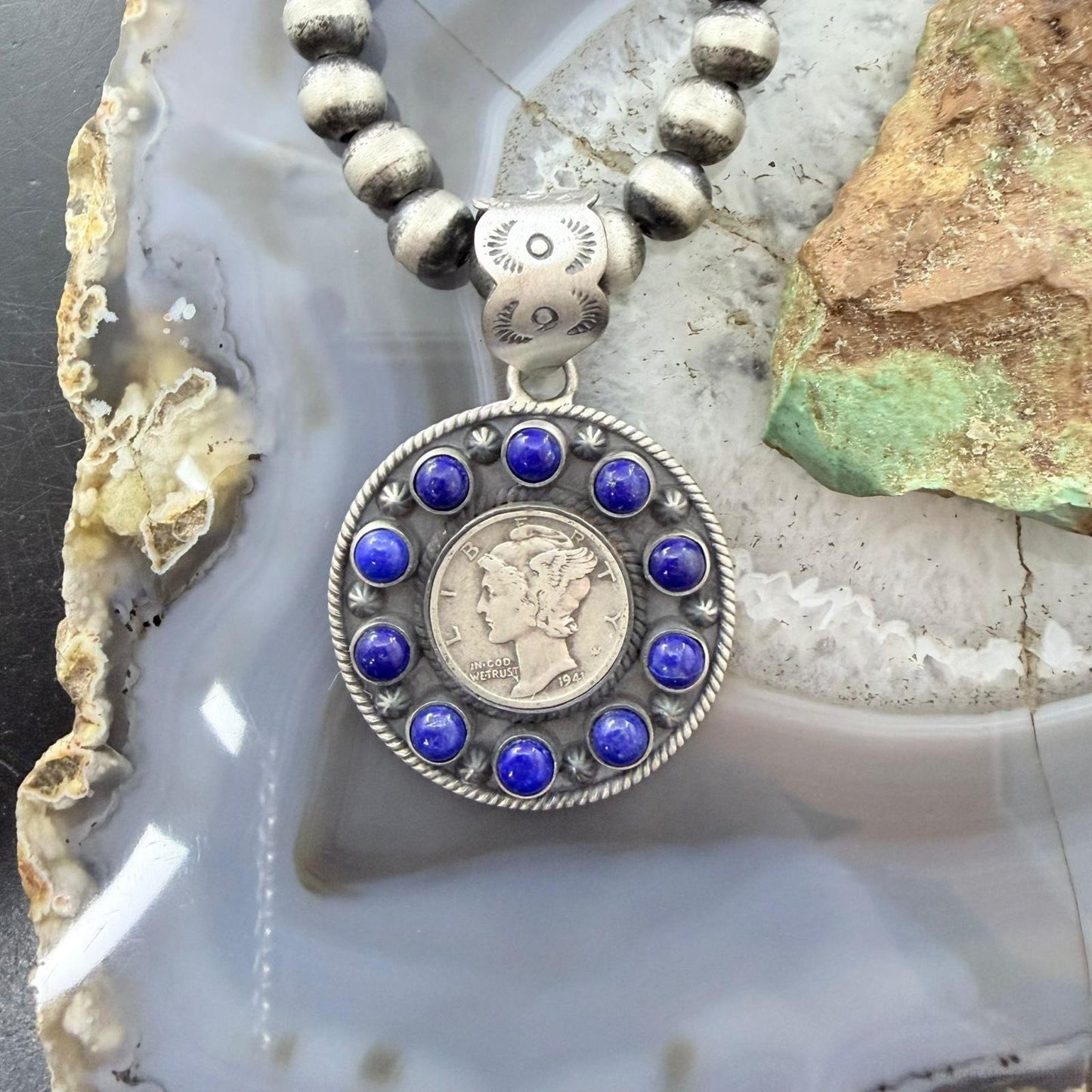 Genuine 1941 90% Silver Mercury Dime Coin w/Lapis Decorated Unisex Pendant