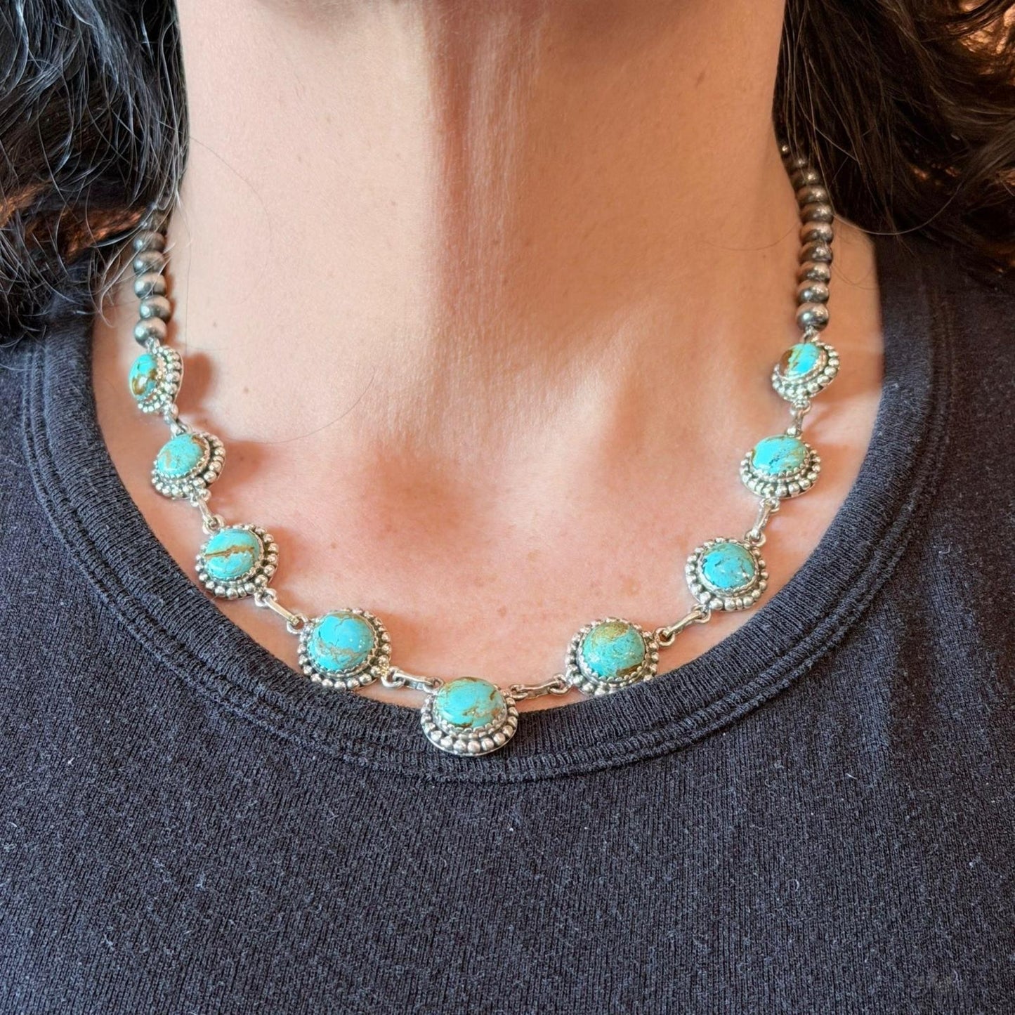 Sterling Southwestern Style Rounded Turquoise & 5mm Navajo Pearl Beads Necklace For Women