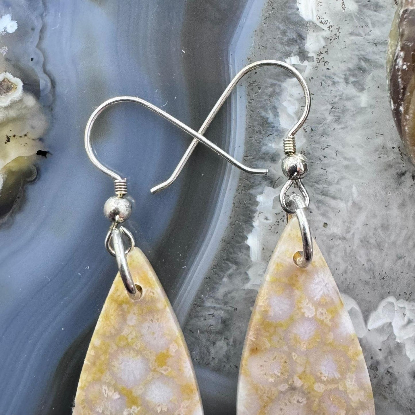 Sterling Silver Teardrop Fossilized Coral Slab Dangle Earrings For Women #129