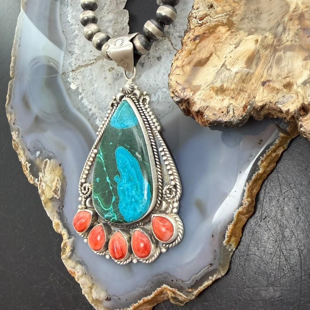 Sterling Silver Southwestern Style Teardrop Malachite Chrysocolla & Spiny Oyster Pendant For Women