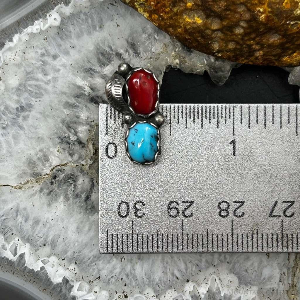 Native American Silver Turquoise & Coral Leaf Decorated Stud Earrings For Women