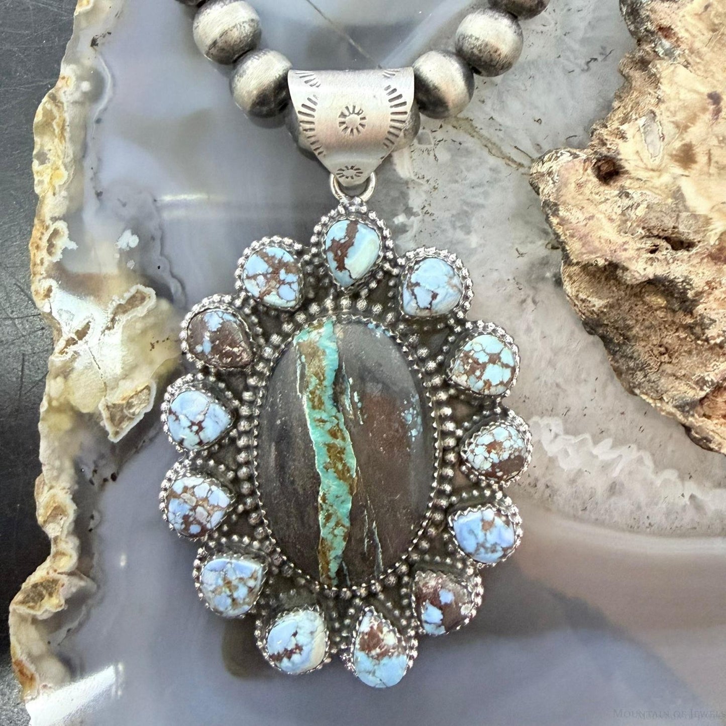 Sterling Silver Southwestern Style Blackjack & Golden Hill Turquoise Pendant For Women
