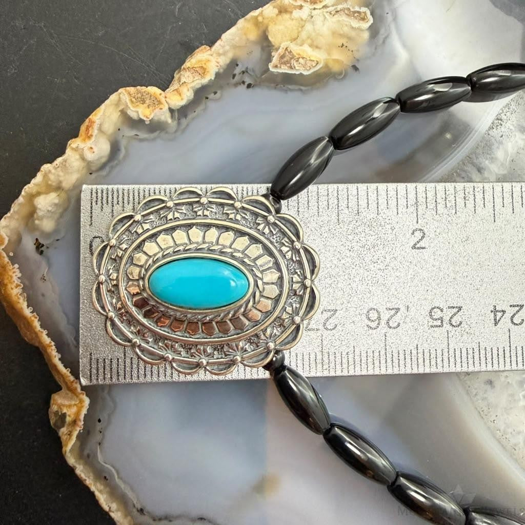 Carolyn Pollack Sterling Silver Turquoise Concho Pendant on Onyx Beads Necklace For Women
