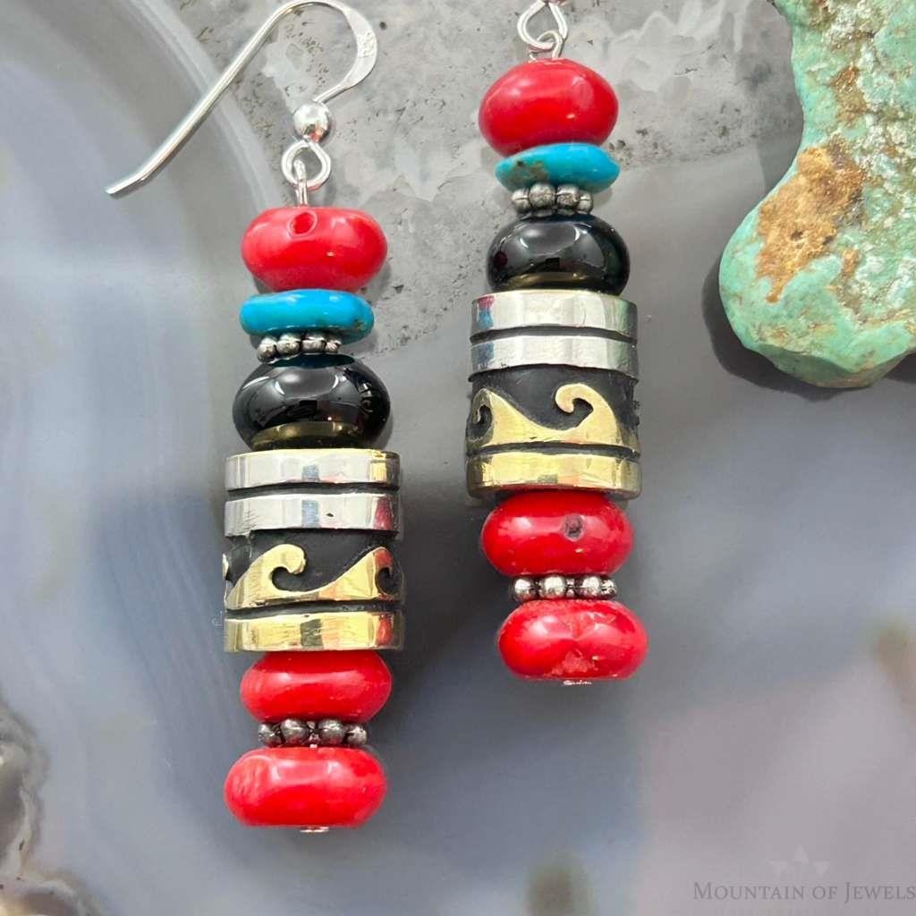 Tommy & Rosita Singer Sterling  Silver Coral, Onyx, Turquoise Bead Dangle Earrings For Women
