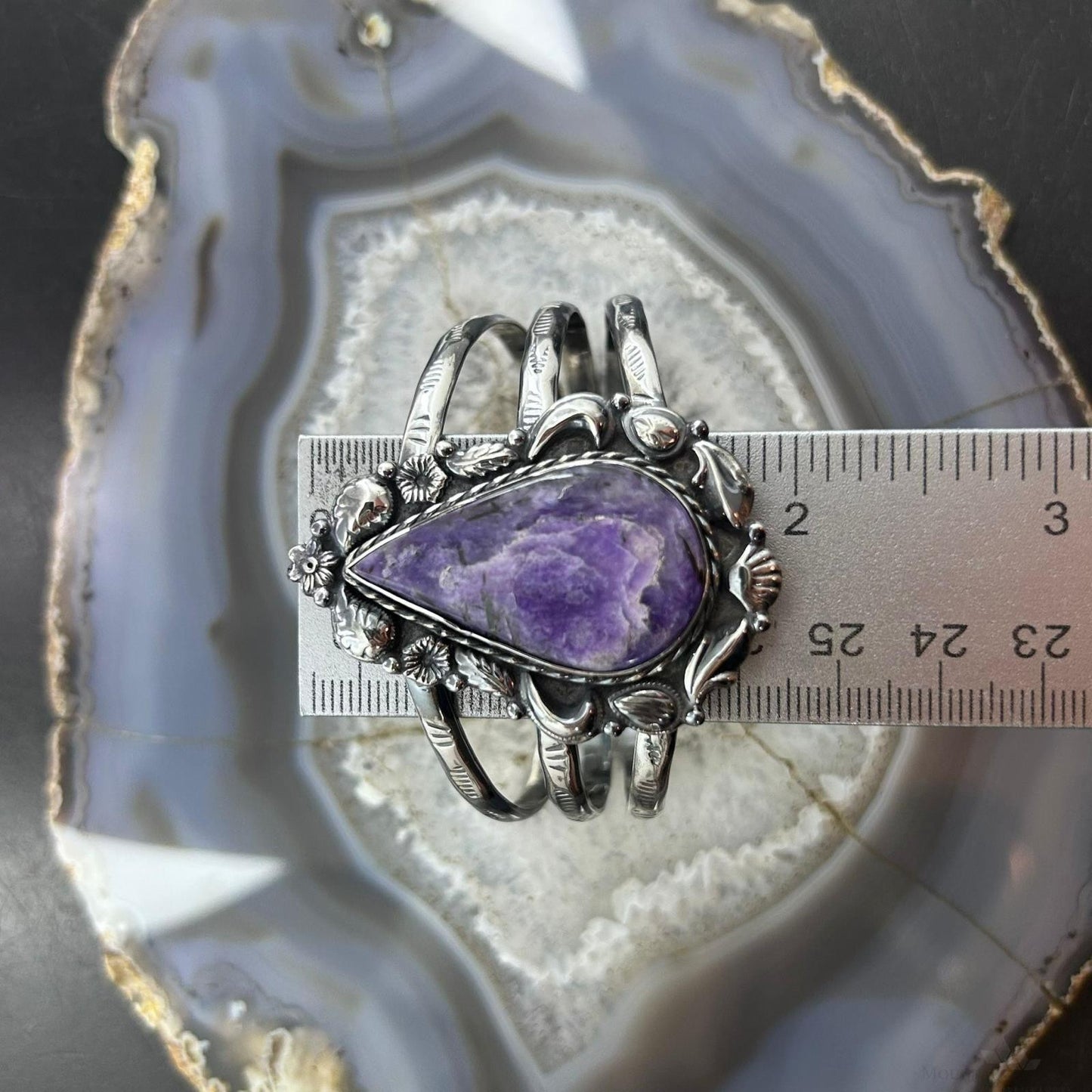Sterling Silver Southwestern Style Large Teardrop Charoite Decorated Bracelet For Women