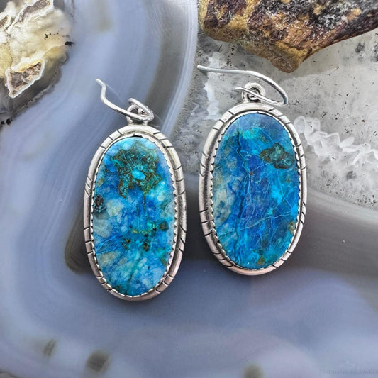 Sterling Silver Southwestern Style Oval Shattuckite Dangle Earrings For Women