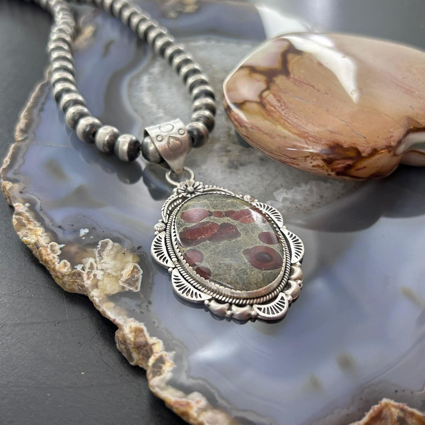 Sterling Silver Southwestern Style Oval Peanut Obsidian Decorated Pendant For Women