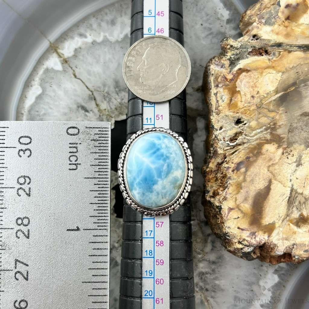 Sterling Silver Southwestern Style Oval Larimar Decorated Bar Ring Size 7 For Women