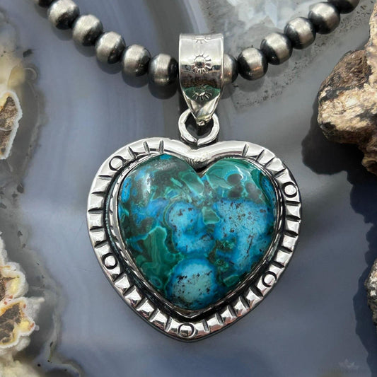 Sterling Silver Southwestern Style Azurite Malachite Heart Pendant For Women #2