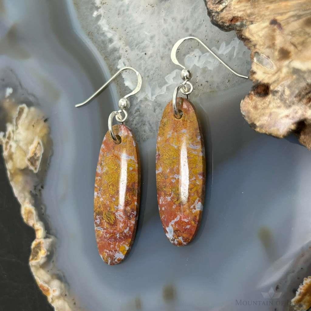 Sterling Silver Oval Plum Moss Agate Slab Dangle Earrings For Women #519