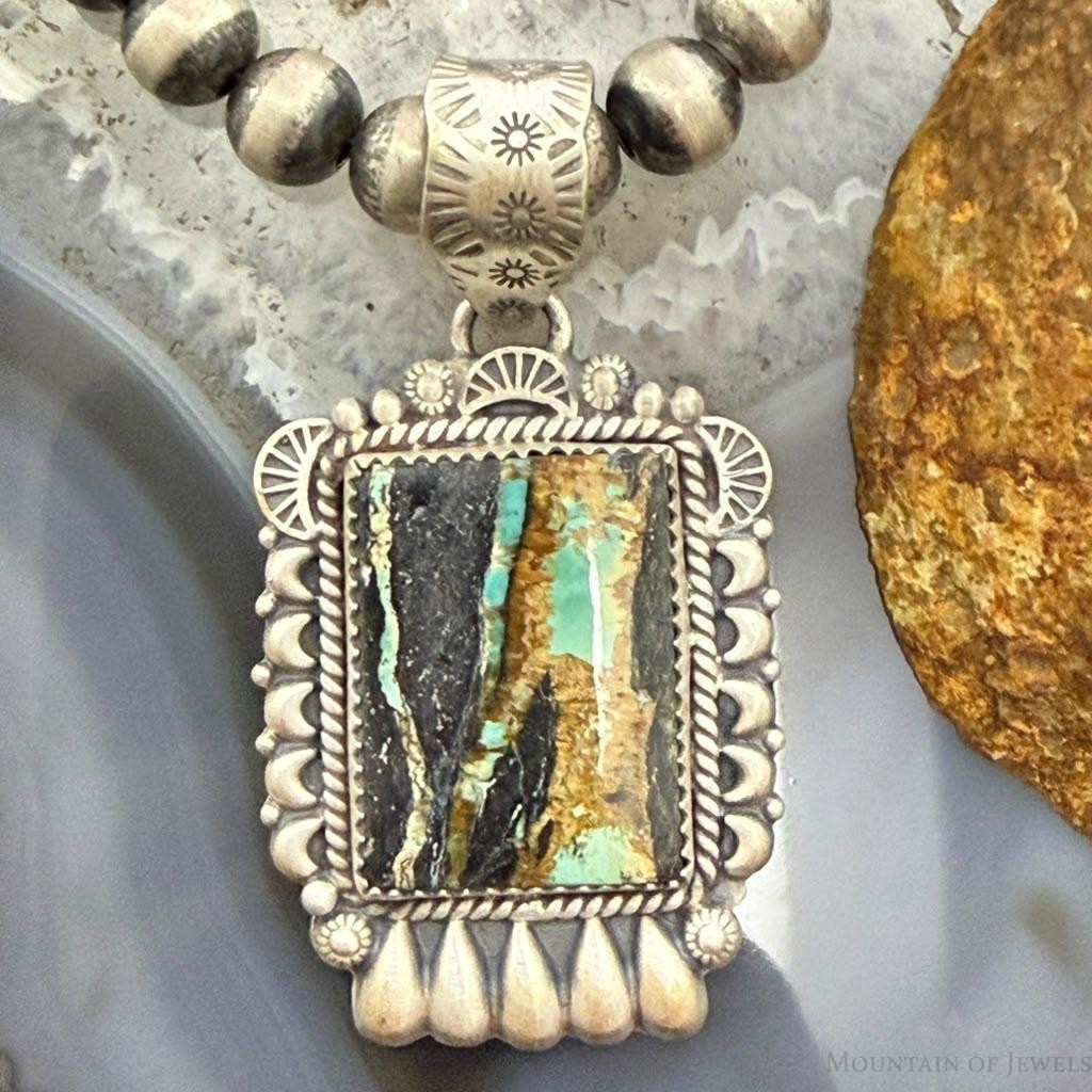 Sterling Silver Southwestern Style Square Blackjack Turquoise Decorated Pendant #1