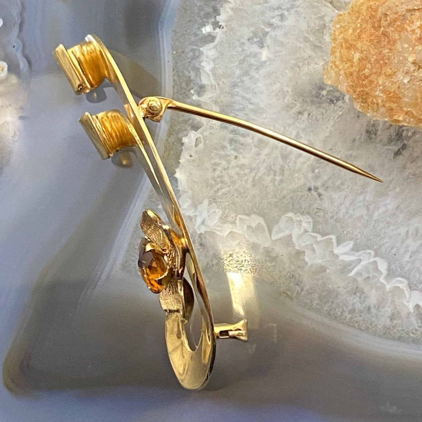 Vintage 14K Yellow Gold & Citrine Floral Brooch For Women