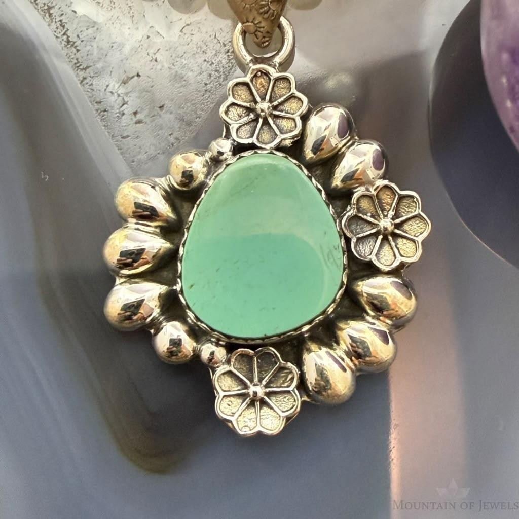 Sterling Silver Southwestern Style Turquoise w/Flower Decorated Pendant For Women #1