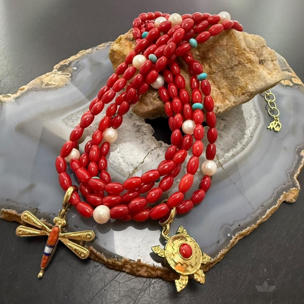 Carolyn Pollack Brass 5 Strands Red Jasper Beads w/Enhancer Necklace For Women