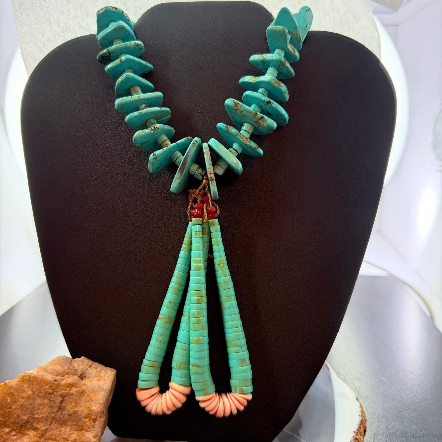 Vintage Native American Disk Beads Turquoise & Spiny Oyster Jacla Necklace For Women