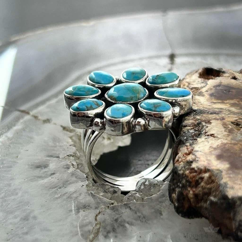 Sterling Silver Southwestern Style Mohave Turquoise Cluster Ring Size 7 For Women