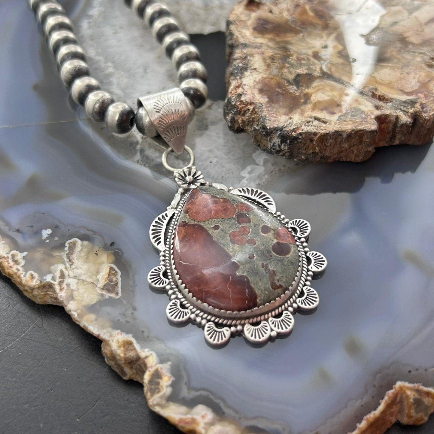 Sterling Silver Southwestern Style Wide Teardrop Peanut Obsidian Pendant For Women