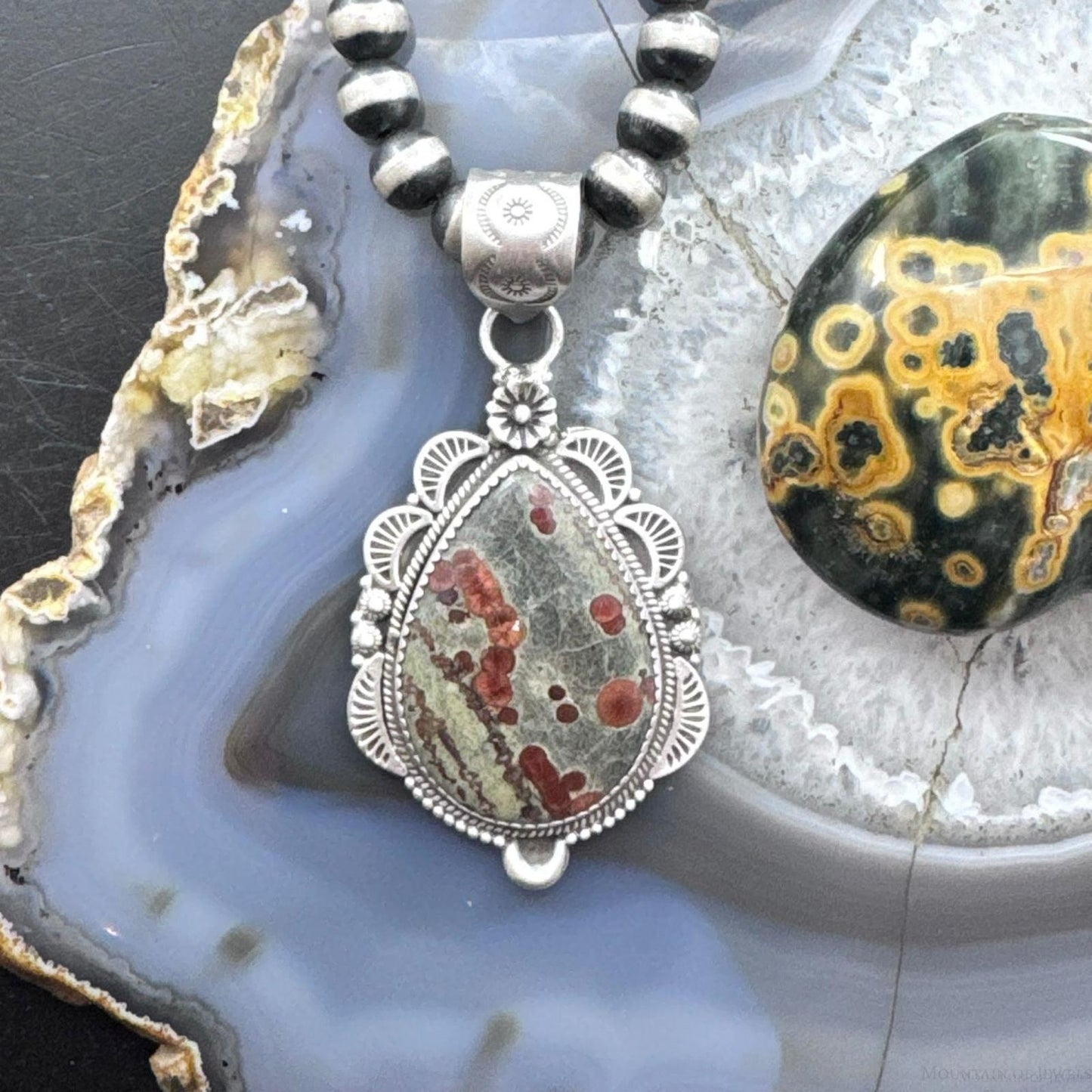 Sterling Silver Southwestern Style Elongated Teardrop Peanut Obsidian Pendant For Women
