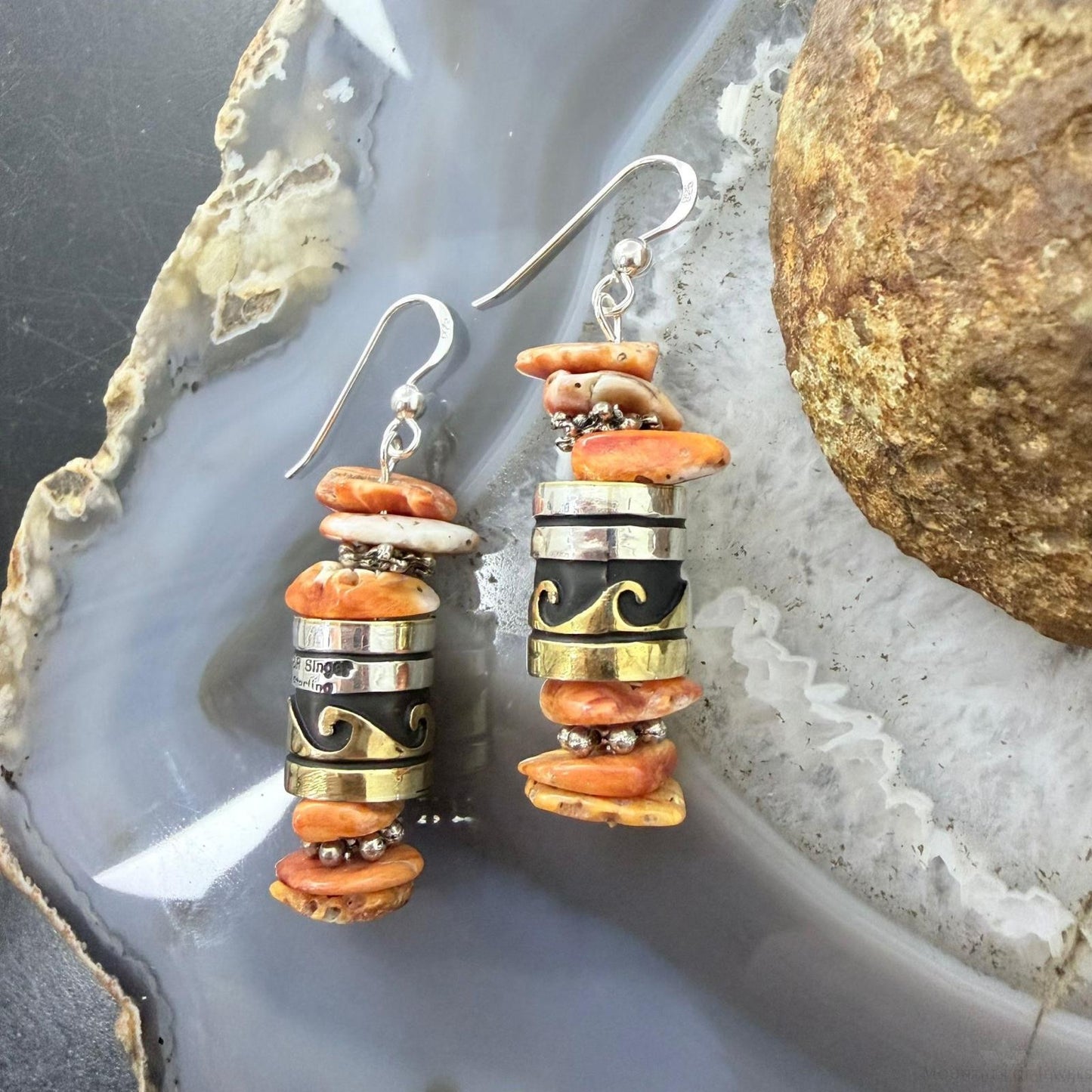 Tommy & Rosita Singer Sterling Silver Orange Spiny Oyster Beads Dangle Earrings For Women