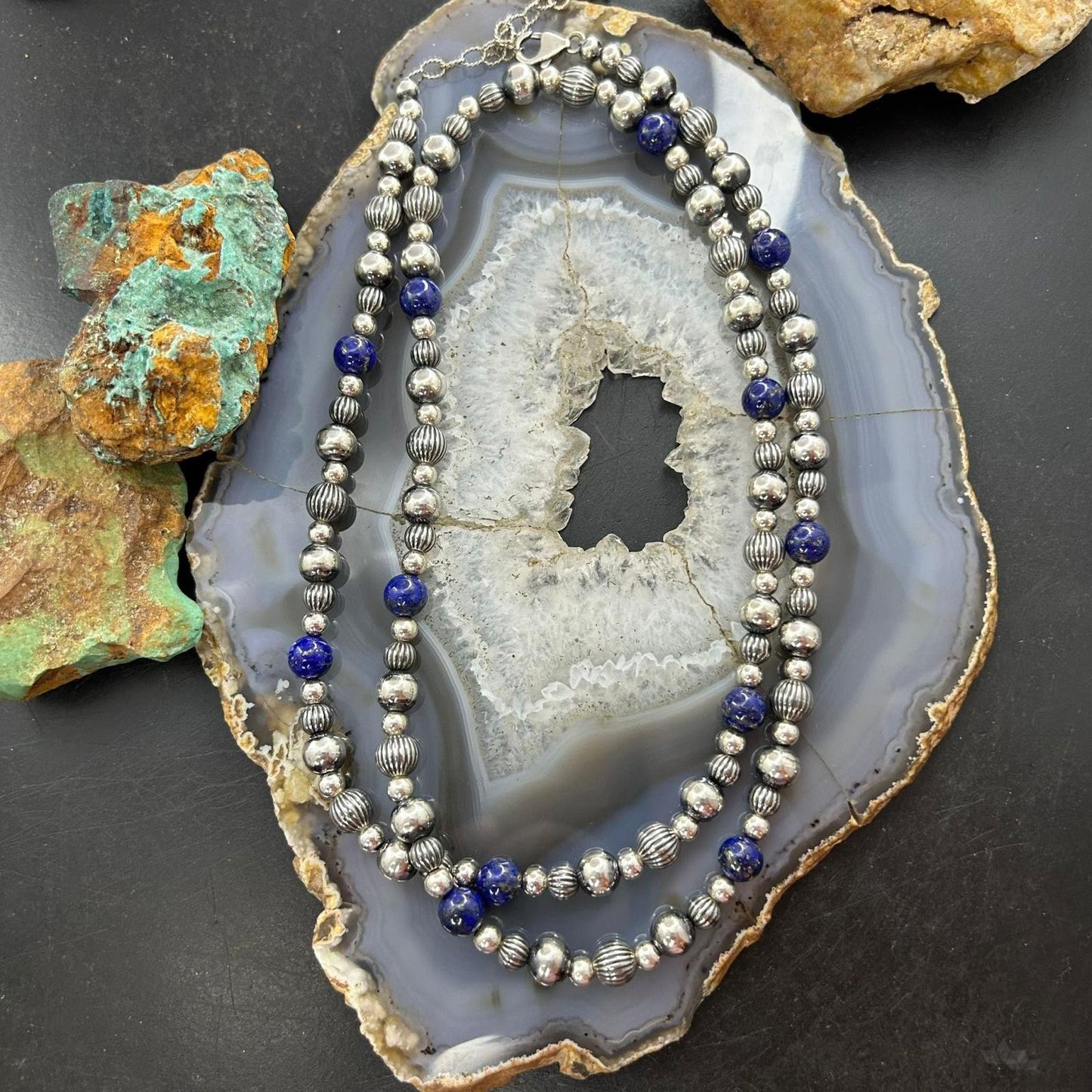 Carolyn Pollack Sterling Silver Decorated 4mm-8mm with Lapis Beads Necklace For Women