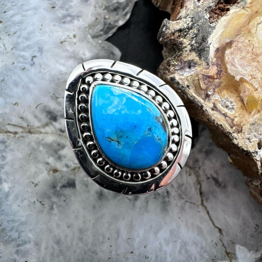 Sterling Southwestern Style Teardrop Turquoise Decorated Ring Size 7.25 For Women