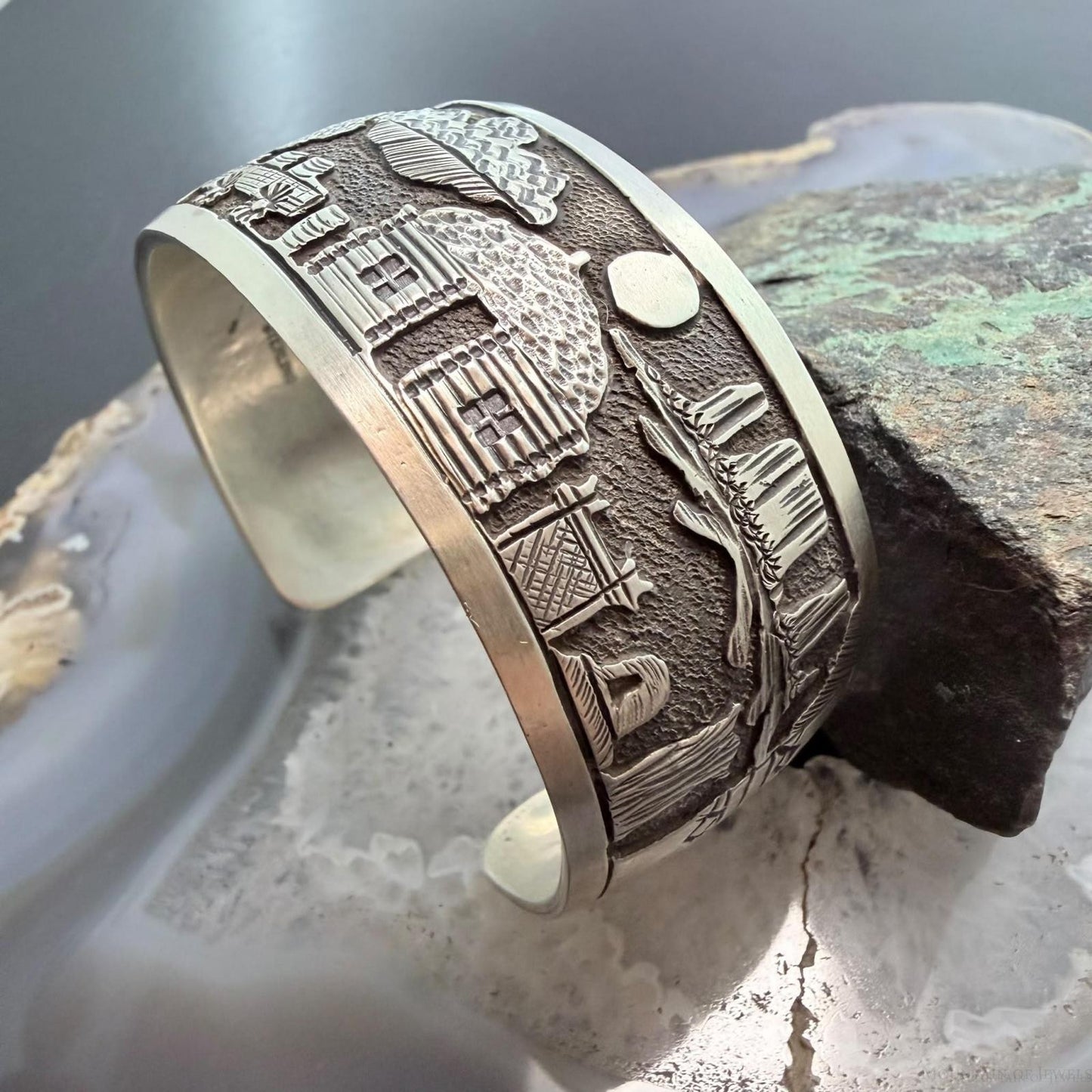 Alex Becenti Native American Sterling Silver Village Life Storyteller Unisex Bracelet