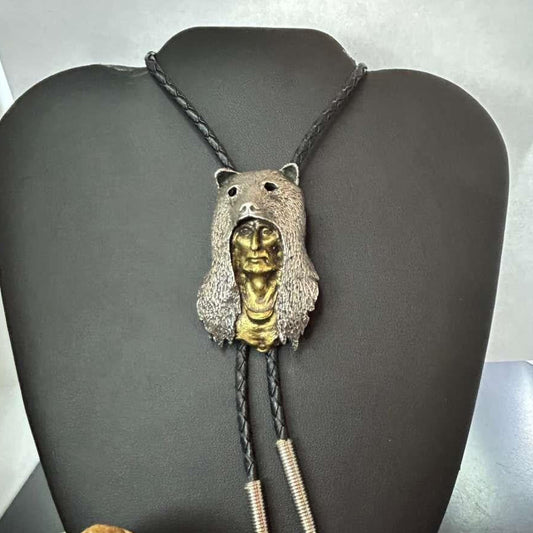 Sid Bell Tully NY Bronze & Pewter Man Inside Bear Decorated Bolo Tie For Men