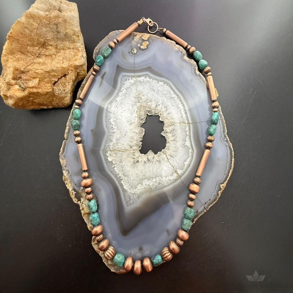 Southwestern Style 3-9.5mm Copper Navajo Pearl,Cylinder&Turquoise Beads Necklace For Women
